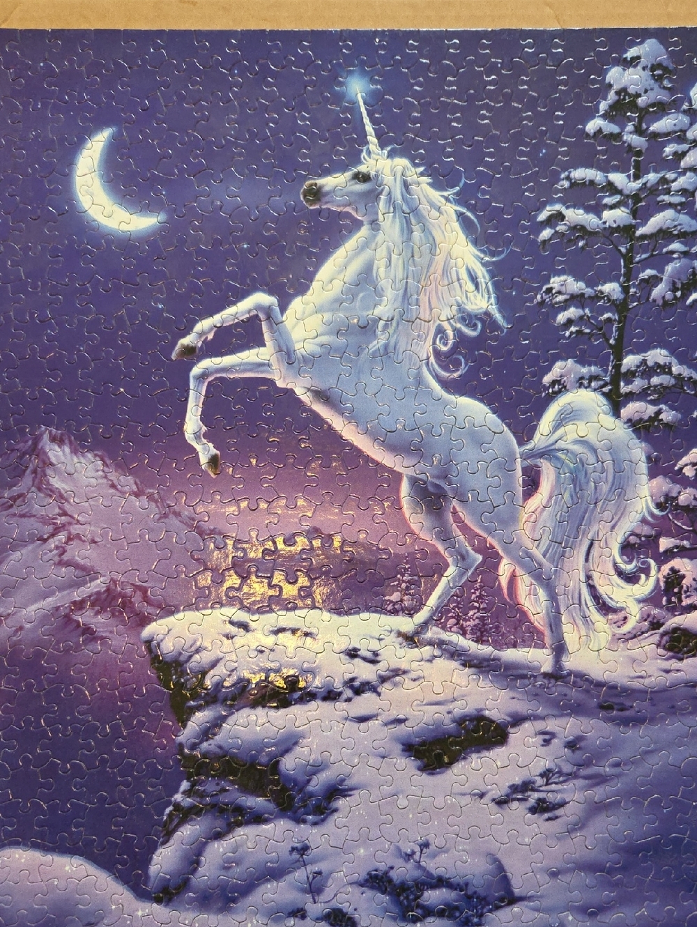 White Unicorn Fantasy Puzzle Artwork - Moonlit Scene